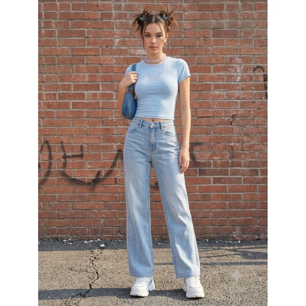 Aéropostale Women's High Rise Wide-Leg Light Wash Blue Denim Y2K Jeans 5-Pocket